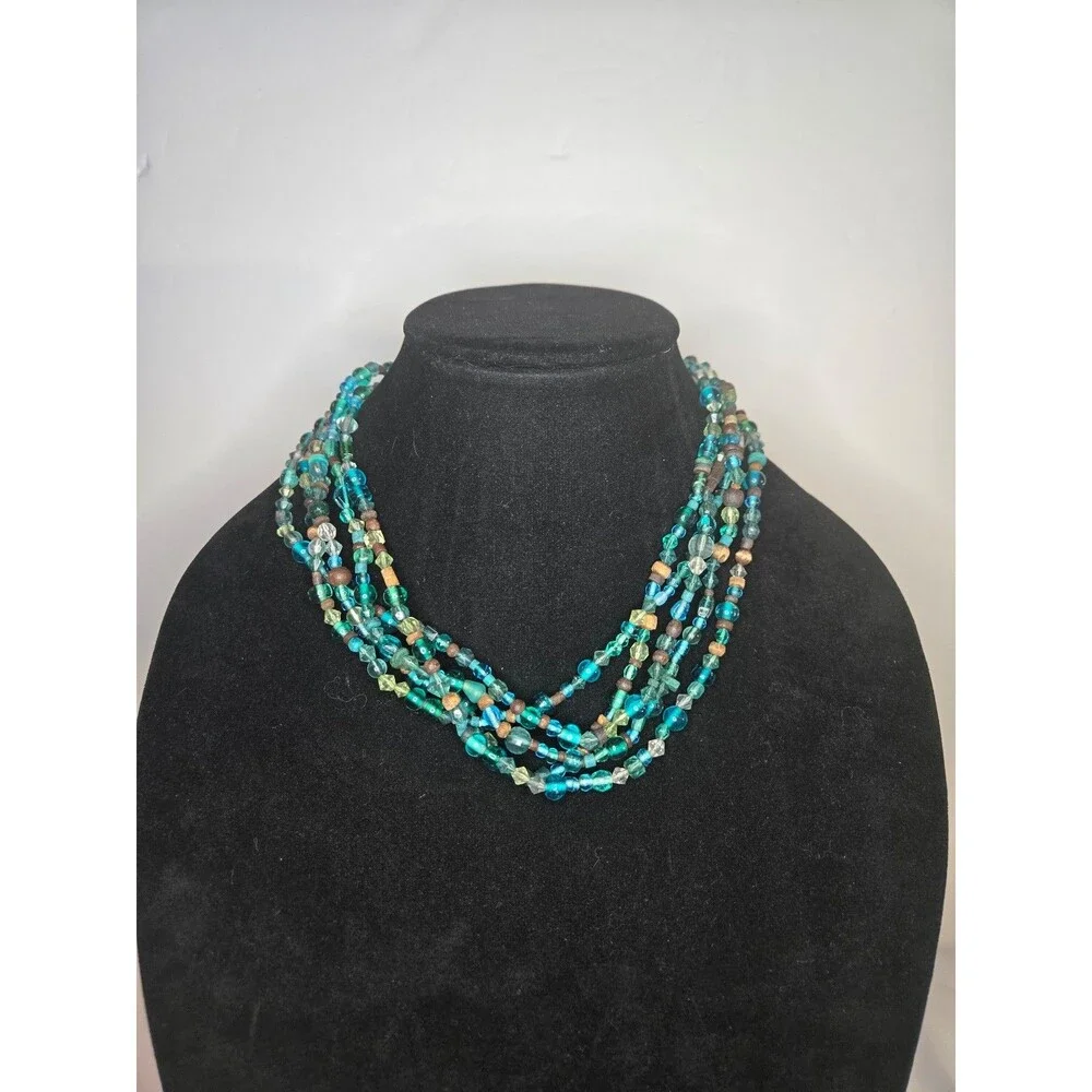 Multistrand Necklace with Green Blue Gold Beads Gold Tone Adjustable Length